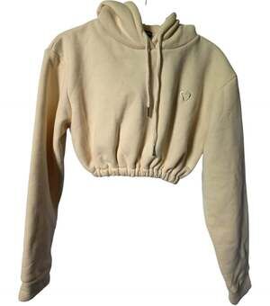 Waydamin Womens Butter Yellow Embroidered Heart Logo Cropped Hoodie Sz XS